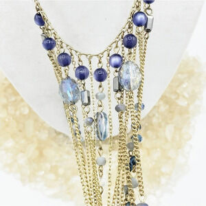 Fringe Waterfall Necklace Blue Beads w/ Gold Tone Metal Sexy